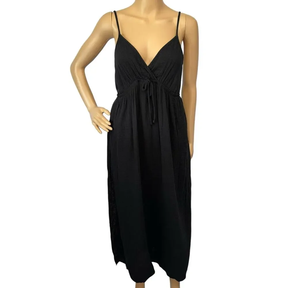 NWT DKNY V-Neck Front Tie Maxi Dress Cover Up Black Beachwear Side Slit Size M